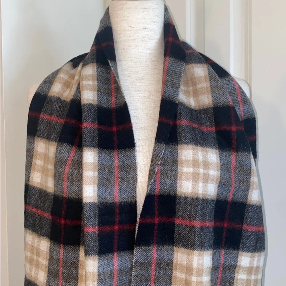 Amicale Cashmere Tartan Fringe Scarf - Blue, Red & Cream